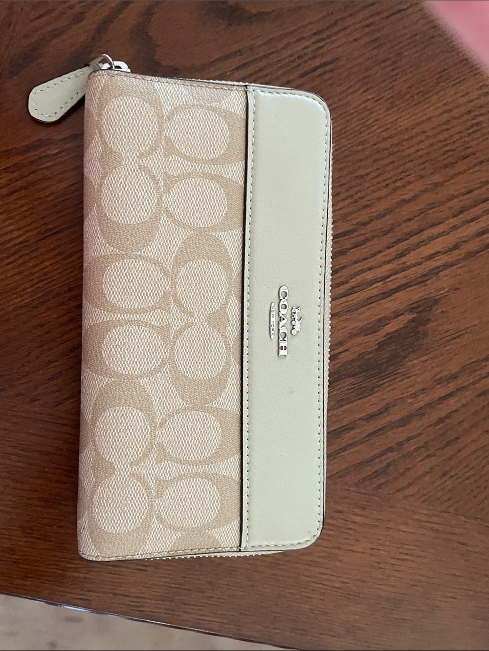 Coach Beige Signature Zip Wallet with Cream Trim